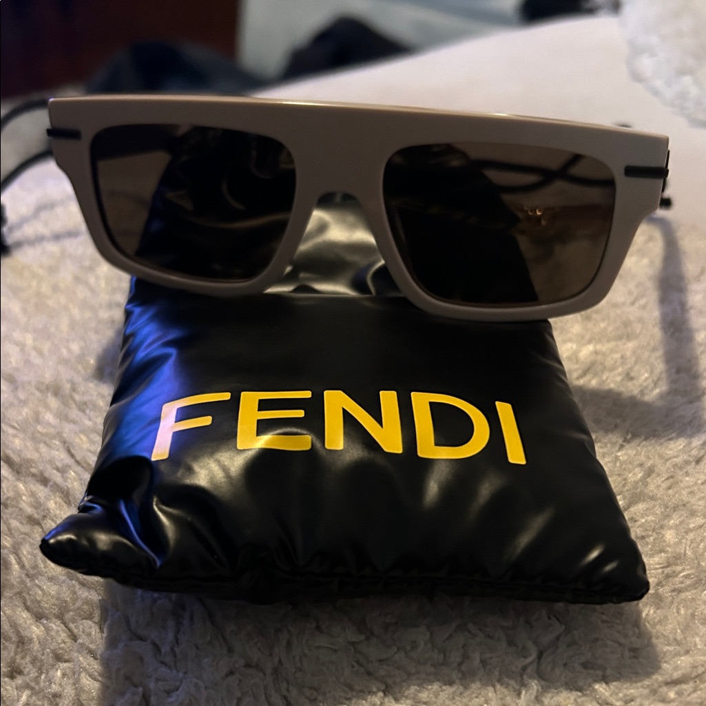 Fendi Men’s Beige Rectangular Sunglasses With Dark Lenses
